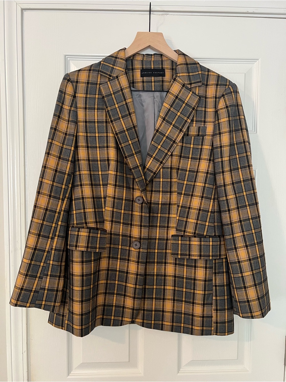 NWOT English Factory Plaid Wool-Blend Blazer in Mustard and Black S/M Oversized
